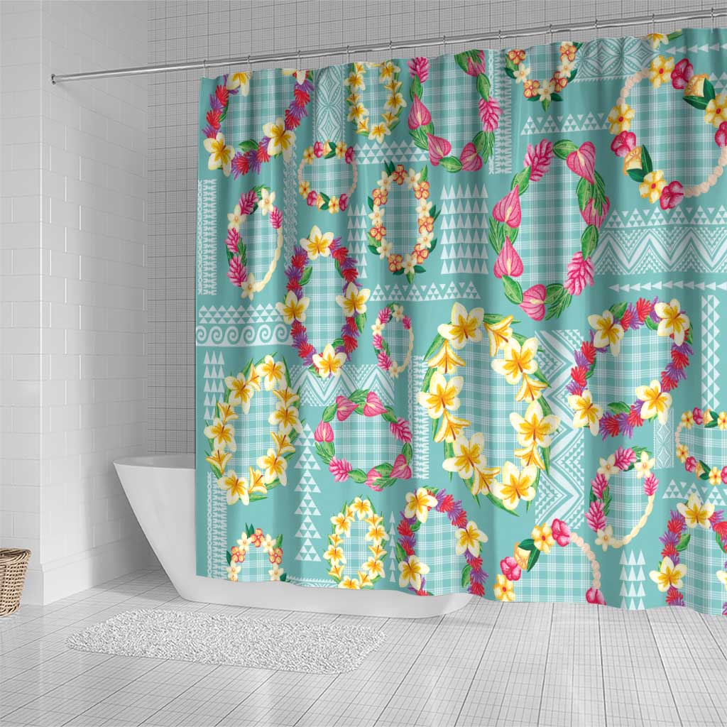 Hawaiian Leis Shower Curtain Kakau Tattoos and Palaka Pastel Teal Color LT03 - Polynesian Pride