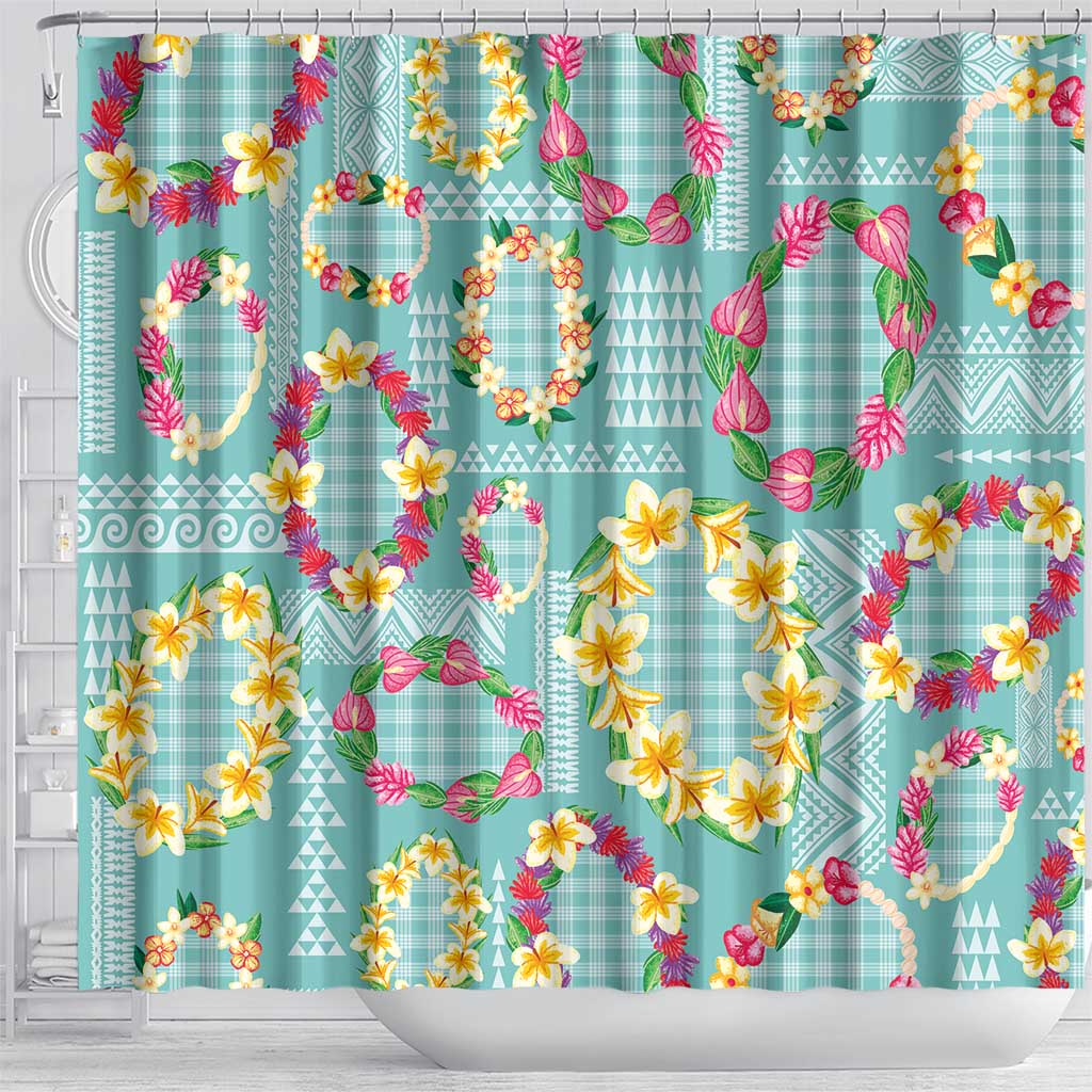 Hawaiian Leis Shower Curtain Kakau Tattoos and Palaka Pastel Teal Color LT03 - Polynesian Pride