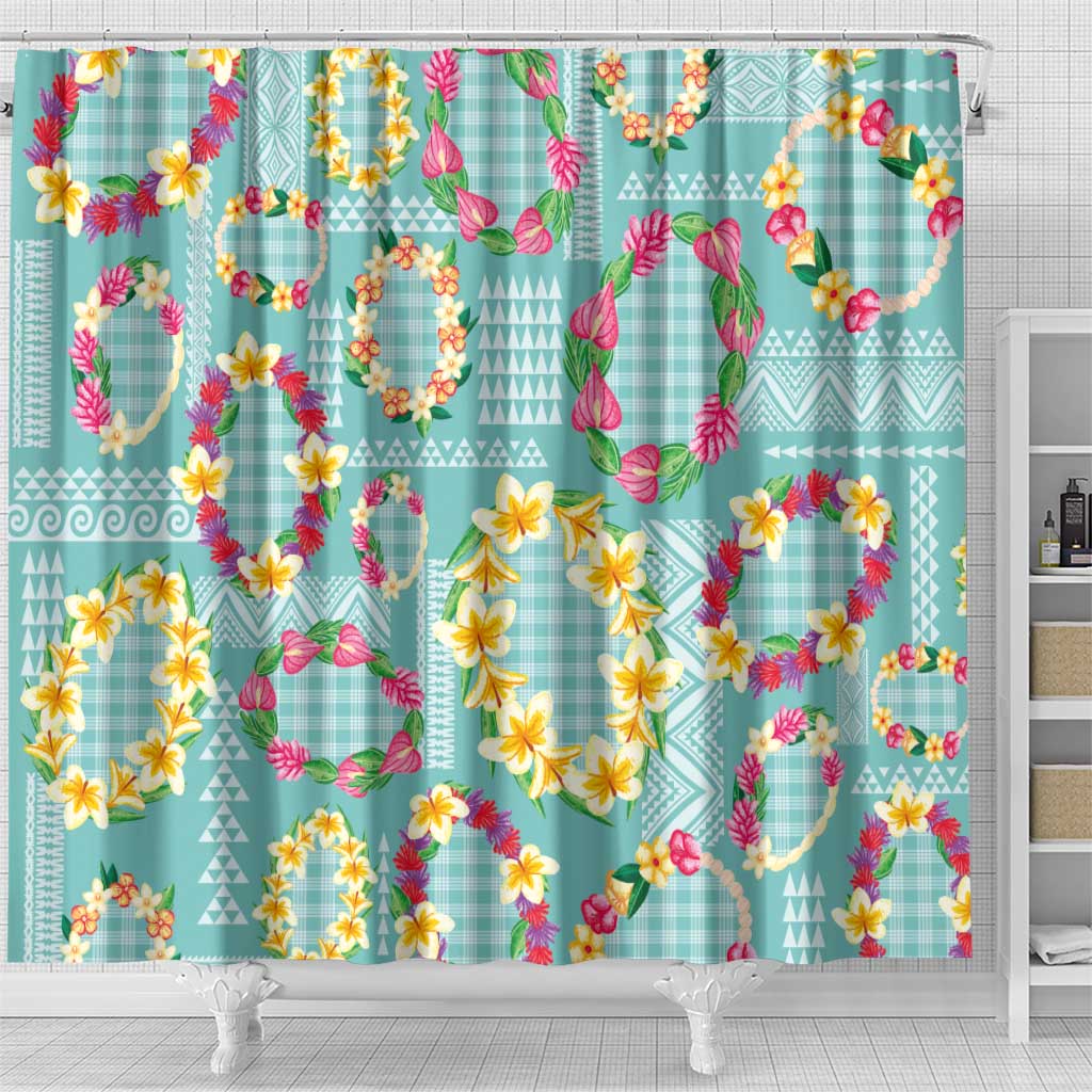 Hawaiian Leis Shower Curtain Kakau Tattoos and Palaka Pastel Teal Color LT03 - Polynesian Pride