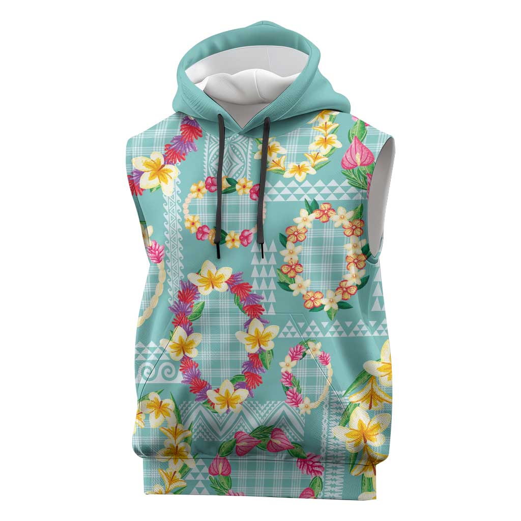 Hawaiian Leis Sleeveless Hoodie Kakau Tattoos and Palaka Pastel Teal Color LT03 Teal - Polynesian Pride