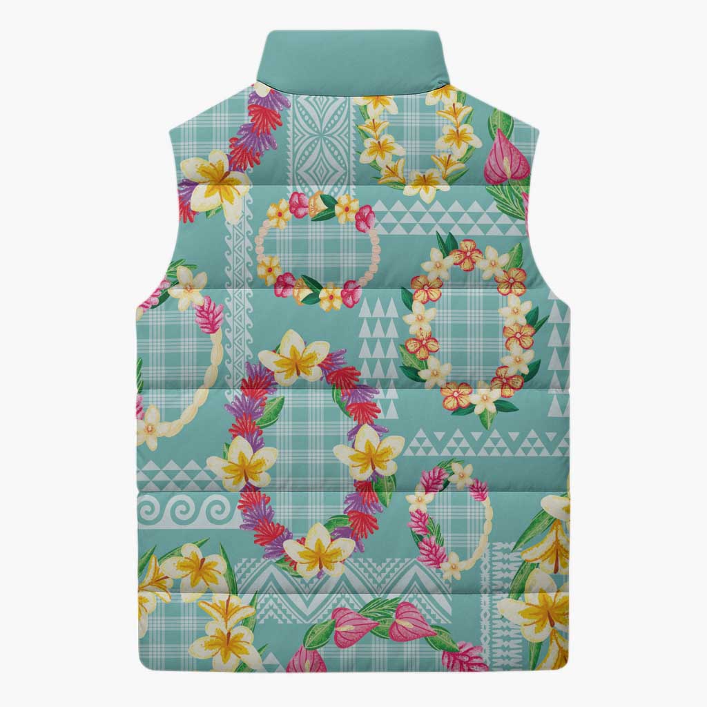 Hawaiian Leis Sleeveless Puffer Jacket Kakau Tattoos and Palaka Pastel Teal Color LT03 - Polynesian Pride
