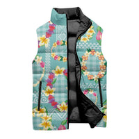 Hawaiian Leis Sleeveless Puffer Jacket Kakau Tattoos and Palaka Pastel Teal Color LT03 - Polynesian Pride