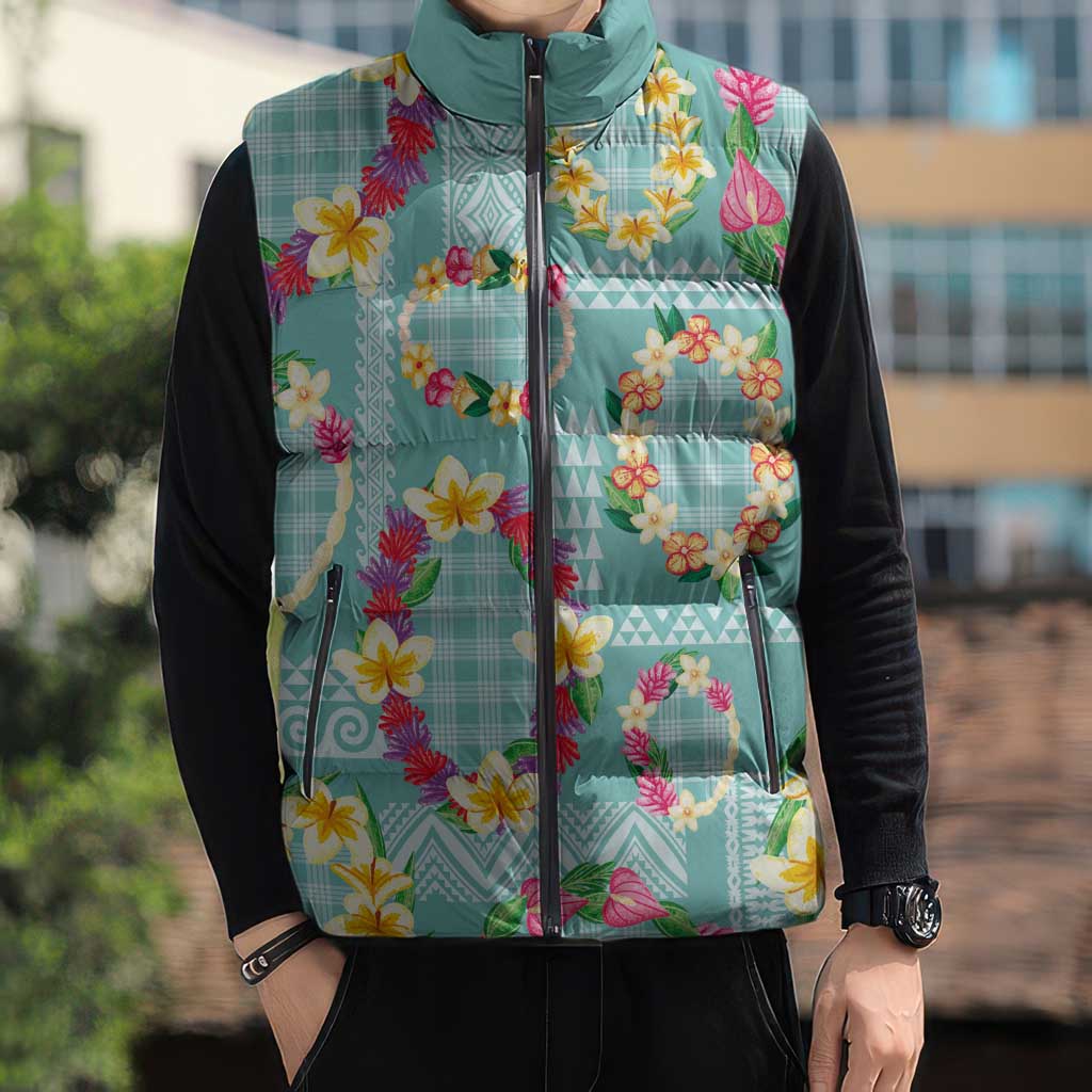 Hawaiian Leis Sleeveless Puffer Jacket Kakau Tattoos and Palaka Pastel Teal Color LT03 - Polynesian Pride