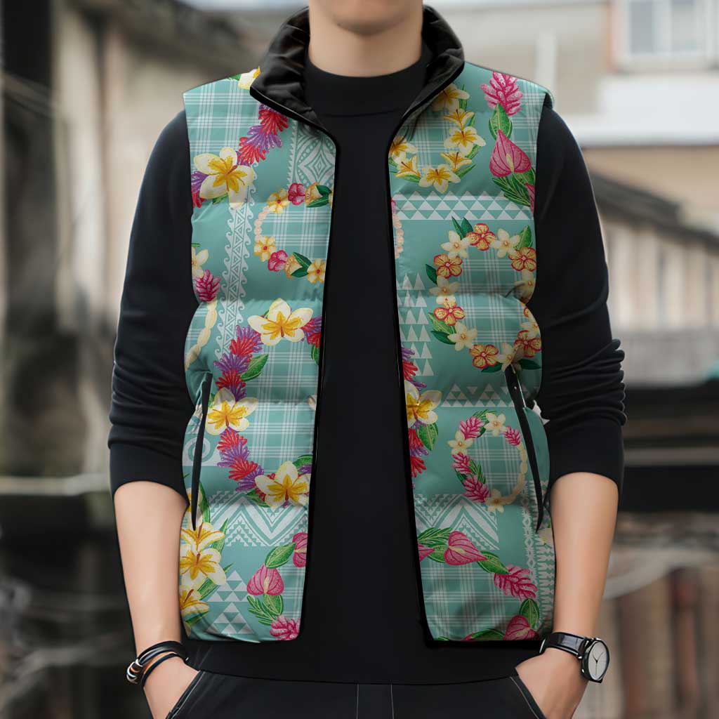 Hawaiian Leis Sleeveless Puffer Jacket Kakau Tattoos and Palaka Pastel Teal Color LT03 - Polynesian Pride
