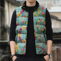 Hawaiian Leis Sleeveless Puffer Jacket Kakau Tattoos and Palaka Pastel Teal Color LT03 - Polynesian Pride
