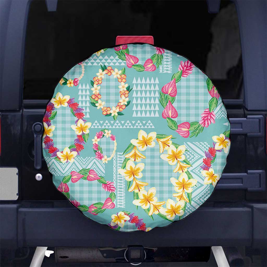 Hawaiian Leis Spare Tire Cover Kakau Tattoos and Palaka Pastel Teal Color LT03 No hole Teal - Polynesian Pride