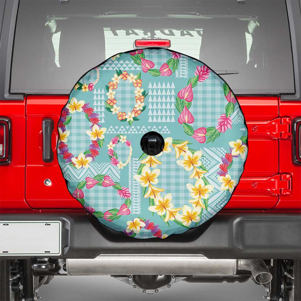 Hawaiian Leis Spare Tire Cover Kakau Tattoos and Palaka Pastel Teal Color LT03 - Polynesian Pride