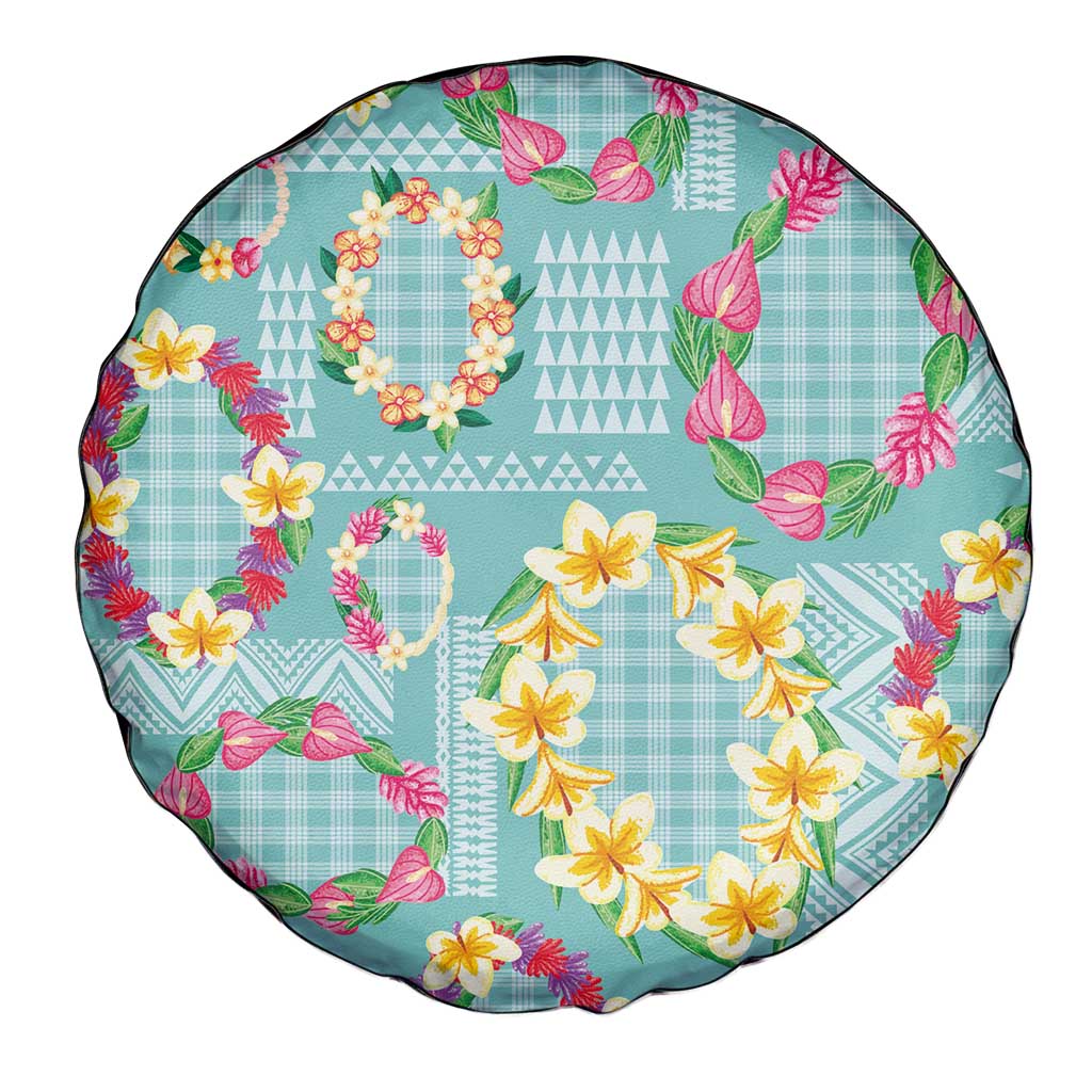Hawaiian Leis Spare Tire Cover Kakau Tattoos and Palaka Pastel Teal Color LT03 - Polynesian Pride