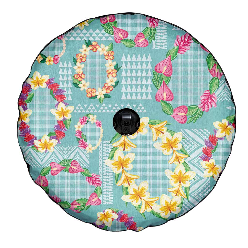 Hawaiian Leis Spare Tire Cover Kakau Tattoos and Palaka Pastel Teal Color LT03 - Polynesian Pride