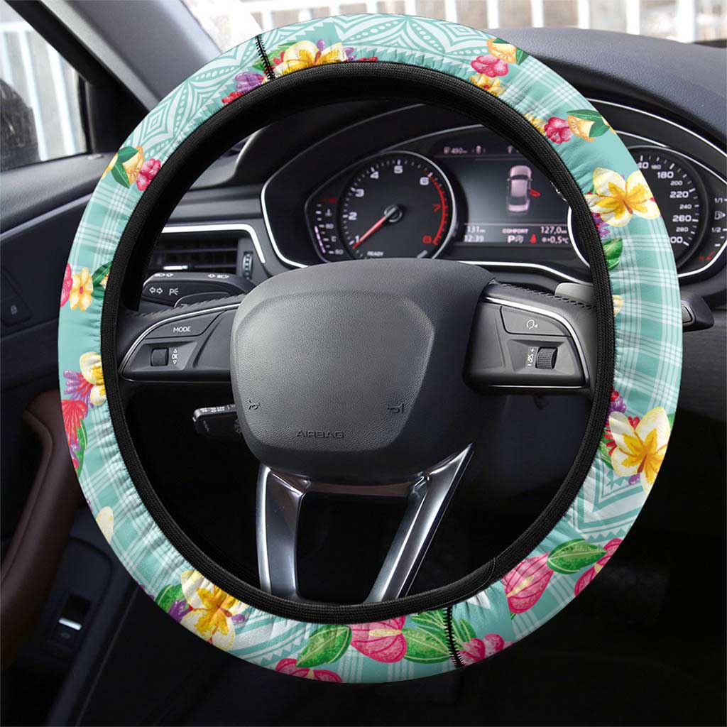 Hawaiian Leis Steering Wheel Cover Kakau Tattoos and Palaka Pastel Teal Color LT03 - Polynesian Pride