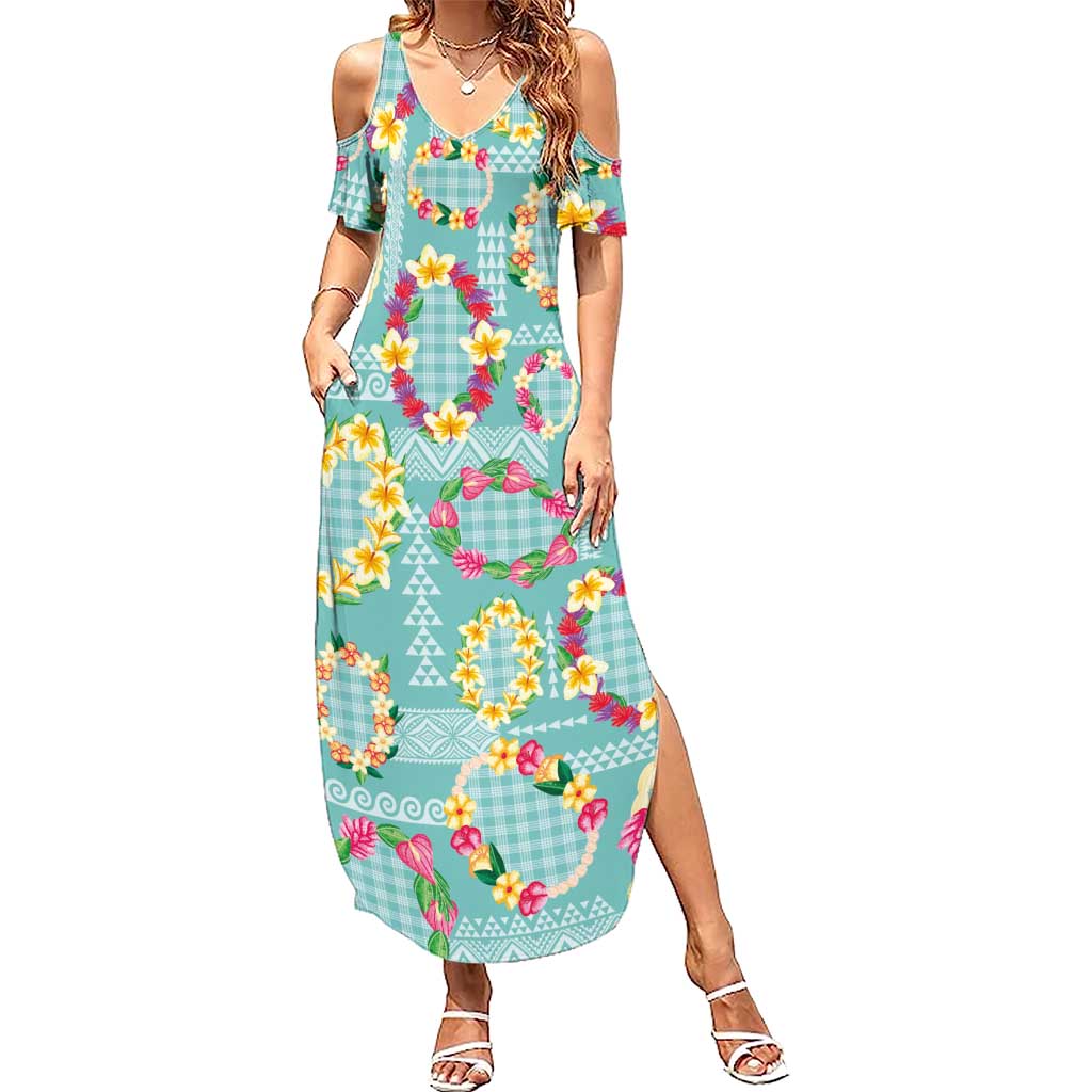 Hawaiian Leis Summer Maxi Dress Kakau Tattoos and Palaka Pastel Teal Color LT03 Women Teal - Polynesian Pride