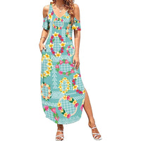 Hawaiian Leis Summer Maxi Dress Kakau Tattoos and Palaka Pastel Teal Color LT03 Women Teal - Polynesian Pride