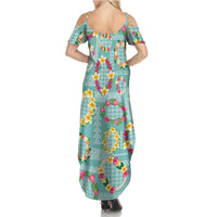 Hawaiian Leis Summer Maxi Dress Kakau Tattoos and Palaka Pastel Teal Color LT03 - Polynesian Pride