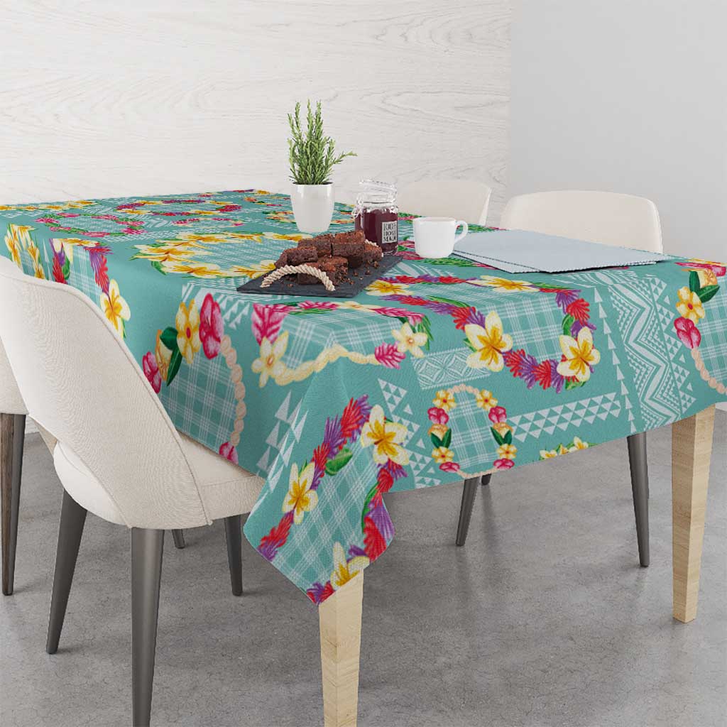 Hawaiian Leis Tablecloth Kakau Tattoos and Palaka Pastel Teal Color LT03 - Polynesian Pride