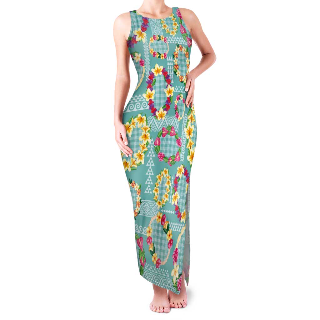 Hawaiian Leis Tank Maxi Dress Kakau Tattoos and Palaka Pastel Teal Color