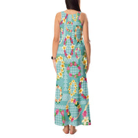 Hawaiian Leis Tank Maxi Dress Kakau Tattoos and Palaka Pastel Teal Color