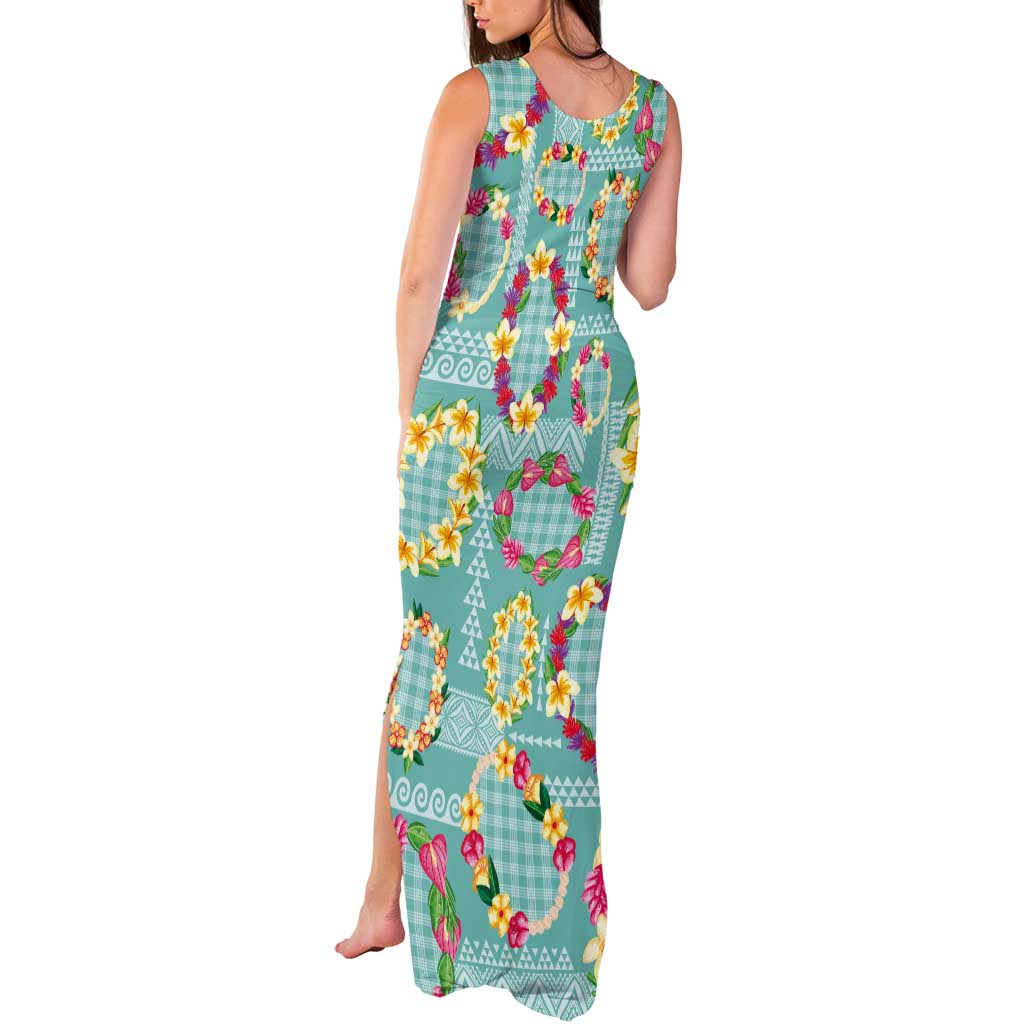 Hawaiian Leis Tank Maxi Dress Kakau Tattoos and Palaka Pastel Teal Color