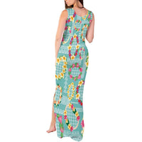 Hawaiian Leis Tank Maxi Dress Kakau Tattoos and Palaka Pastel Teal Color