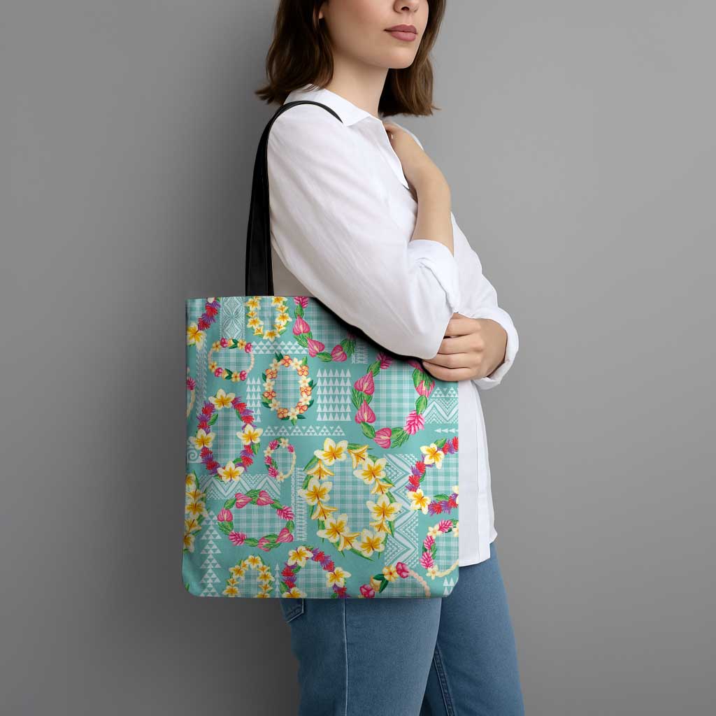 Hawaiian Leis Tote Bag Kakau Tattoos and Palaka Pastel Teal Color LT03 - Polynesian Pride