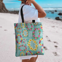 Hawaiian Leis Tote Bag Kakau Tattoos and Palaka Pastel Teal Color LT03 - Polynesian Pride