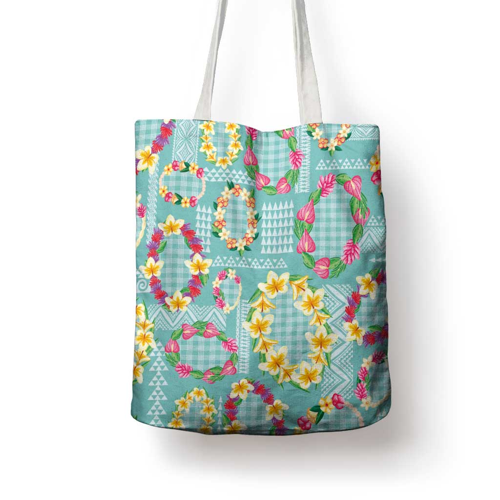 Hawaiian Leis Tote Bag Kakau Tattoos and Palaka Pastel Teal Color LT03 - Polynesian Pride