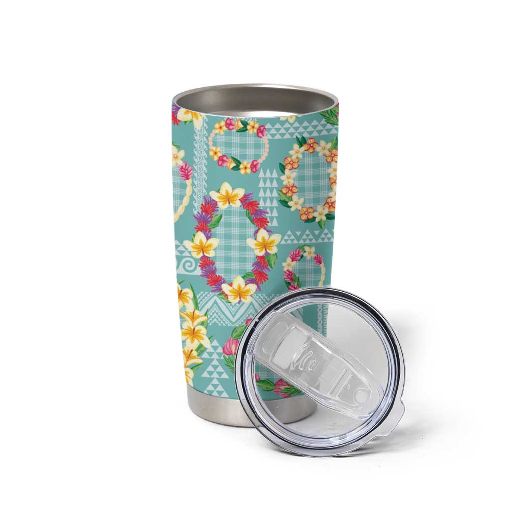 Hawaiian Leis Tumbler Cup Kakau Tattoos and Palaka Pastel Teal Color LT03 - Polynesian Pride