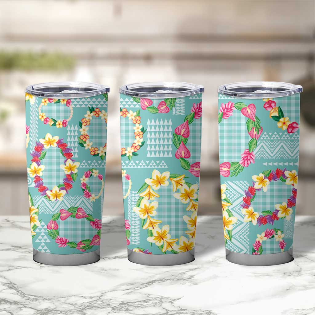 Hawaiian Leis Tumbler Cup Kakau Tattoos and Palaka Pastel Teal Color LT03 - Polynesian Pride