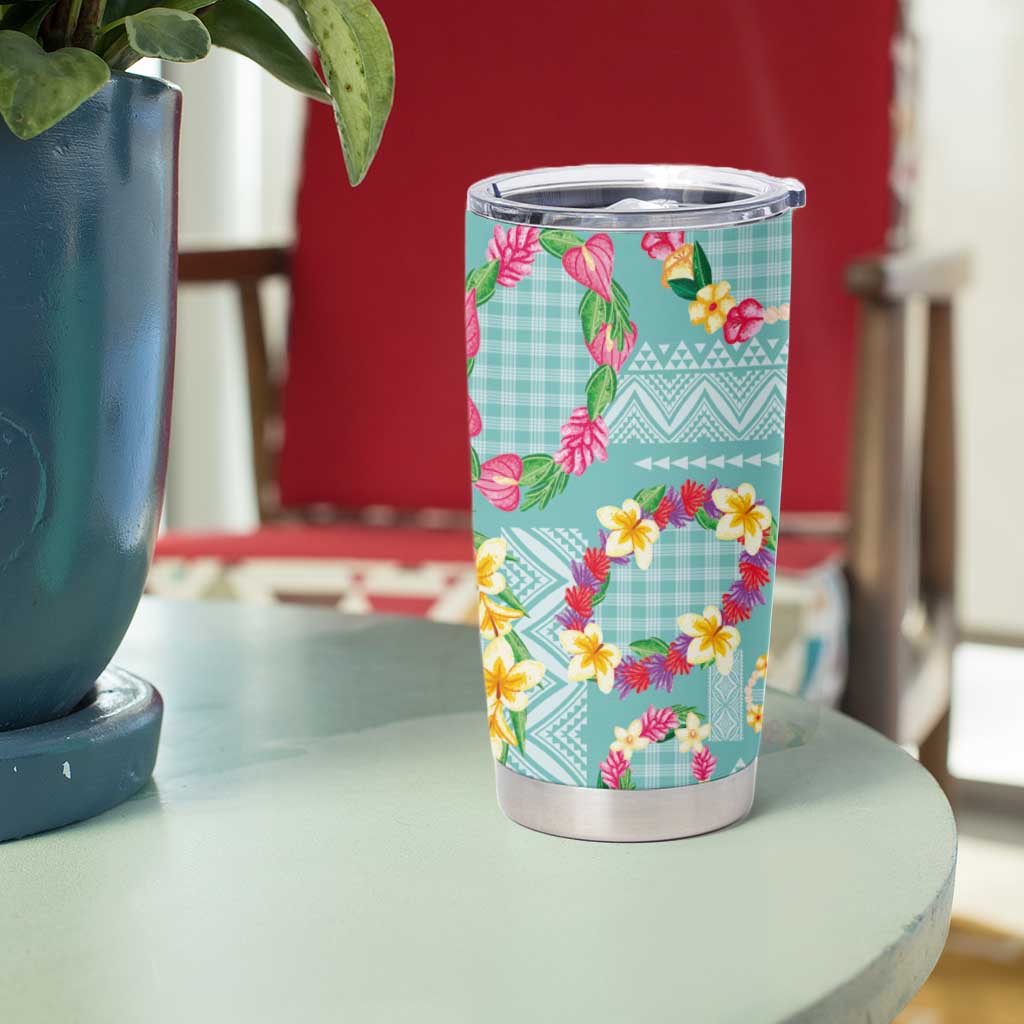 Hawaiian Leis Tumbler Cup Kakau Tattoos and Palaka Pastel Teal Color LT03 - Polynesian Pride