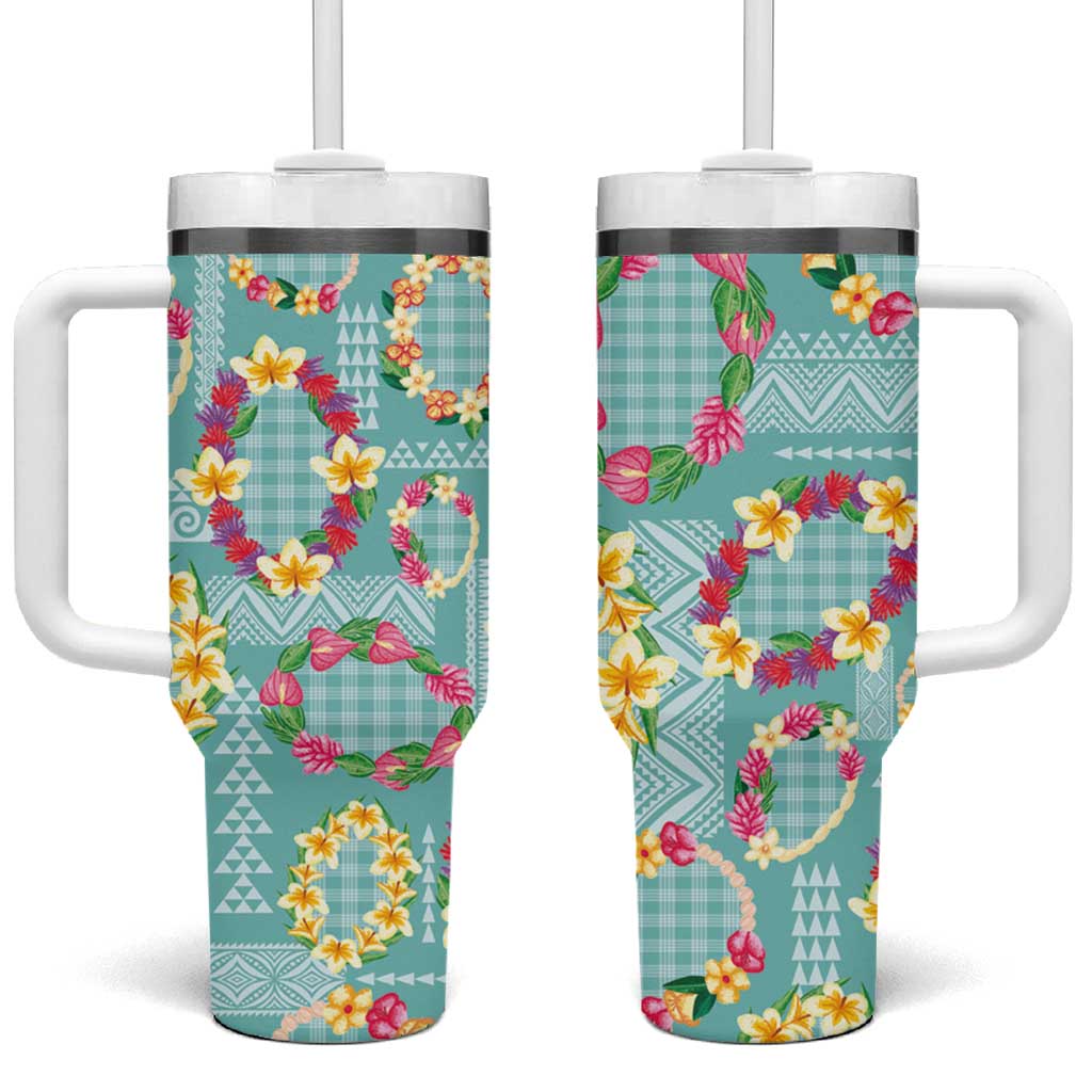 Hawaiian Leis Tumbler With Handle Kakau Tattoos and Palaka Pastel Teal Color LT03 One Size: 40 oz Teal - Polynesian Pride