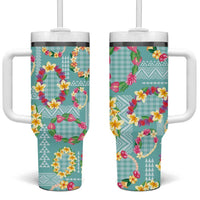 Hawaiian Leis Tumbler With Handle Kakau Tattoos and Palaka Pastel Teal Color LT03 One Size: 40 oz Teal - Polynesian Pride