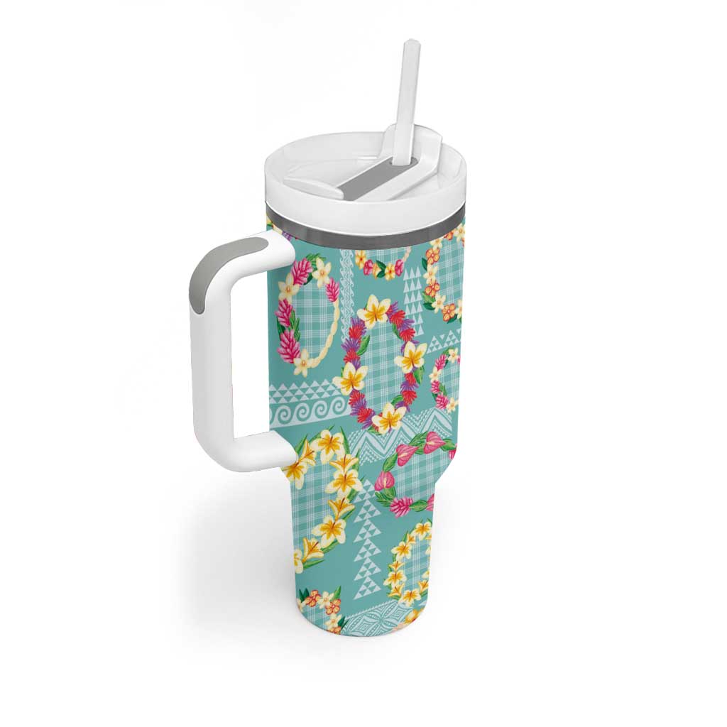 Hawaiian Leis Tumbler With Handle Kakau Tattoos and Palaka Pastel Teal Color LT03 - Polynesian Pride
