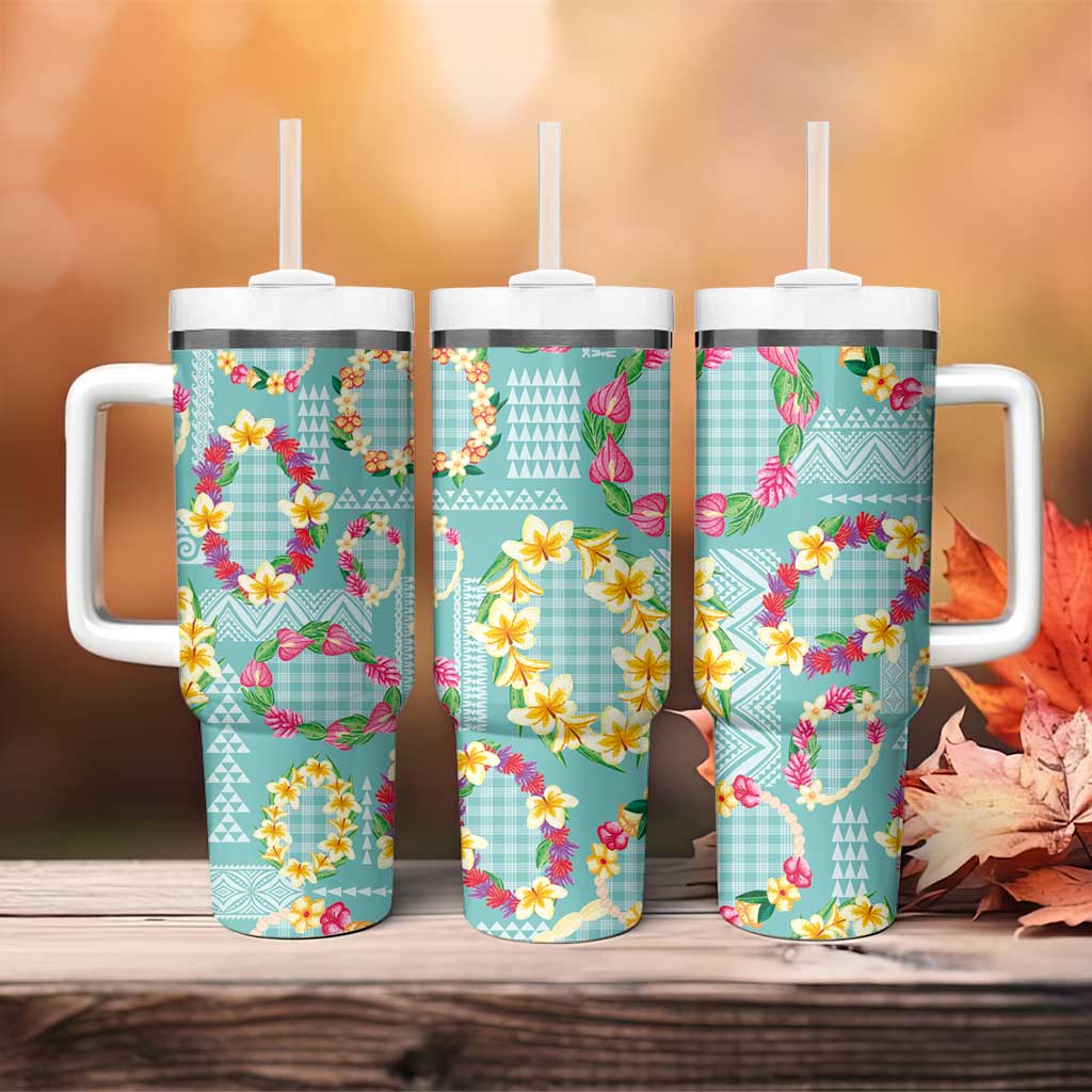 Hawaiian Leis Tumbler With Handle Kakau Tattoos and Palaka Pastel Teal Color LT03 - Polynesian Pride