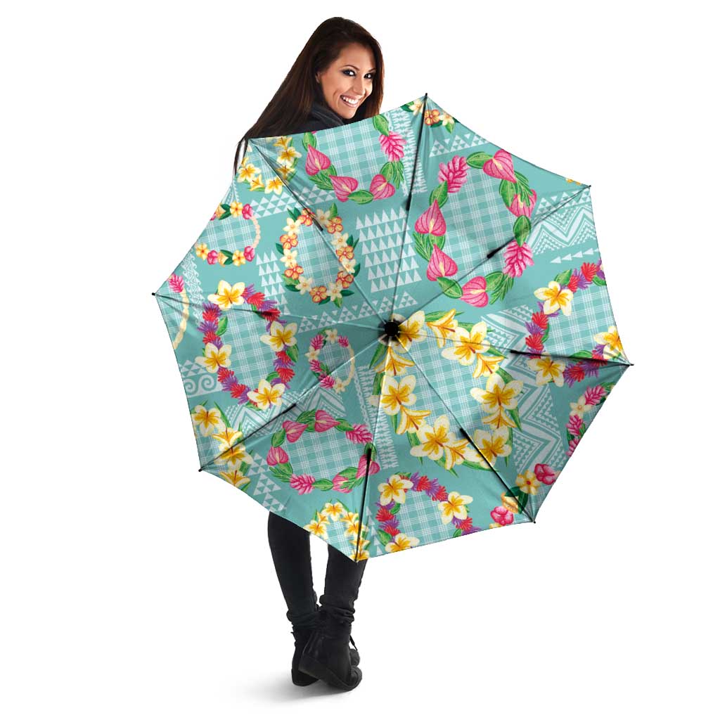 Hawaiian Leis Umbrella Kakau Tattoos and Palaka Pastel Teal Color LT03 - Polynesian Pride