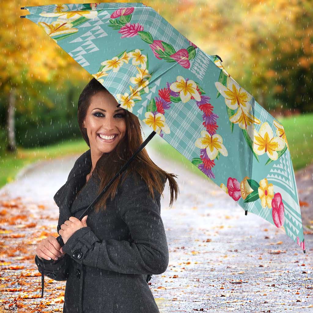 Hawaiian Leis Umbrella Kakau Tattoos and Palaka Pastel Teal Color LT03 - Polynesian Pride