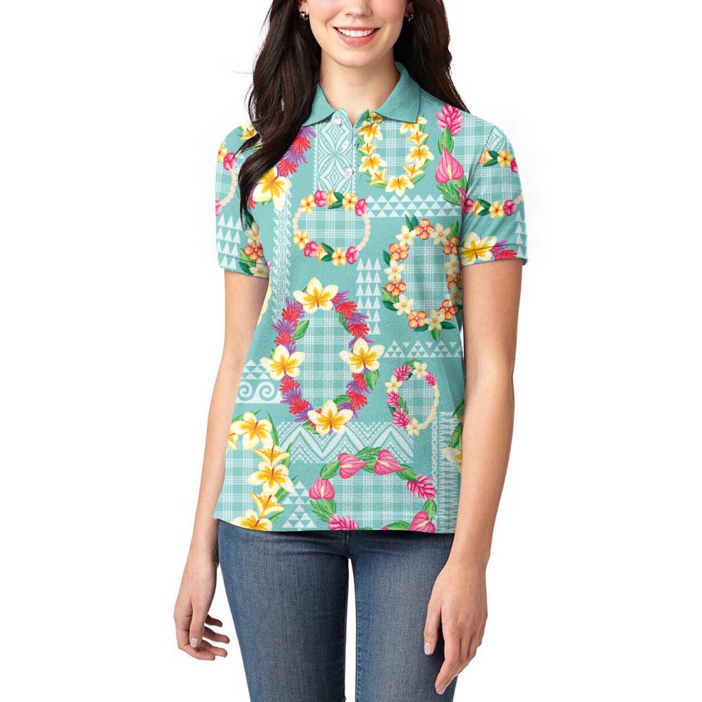 Hawaiian Leis Women Polo Shirt Kakau Tattoos and Palaka Pastel Teal Color