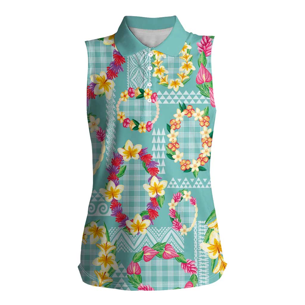 Hawaiian Leis Women Sleeveless Polo Shirt Kakau Tattoos and Palaka Pastel Teal Color