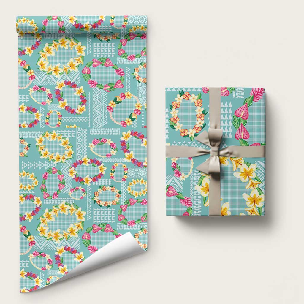Hawaiian Leis Wrapping Paper Kakau Tattoos and Palaka Pastel Teal Color LT03 58" × 23" Teal - Polynesian Pride