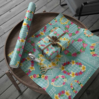 Hawaiian Leis Wrapping Paper Kakau Tattoos and Palaka Pastel Teal Color LT03 - Polynesian Pride