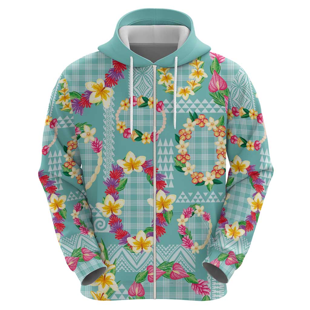 Hawaiian Leis Zip Hoodie Kakau Tattoos and Palaka Pastel Teal Color LT03 - Polynesian Pride