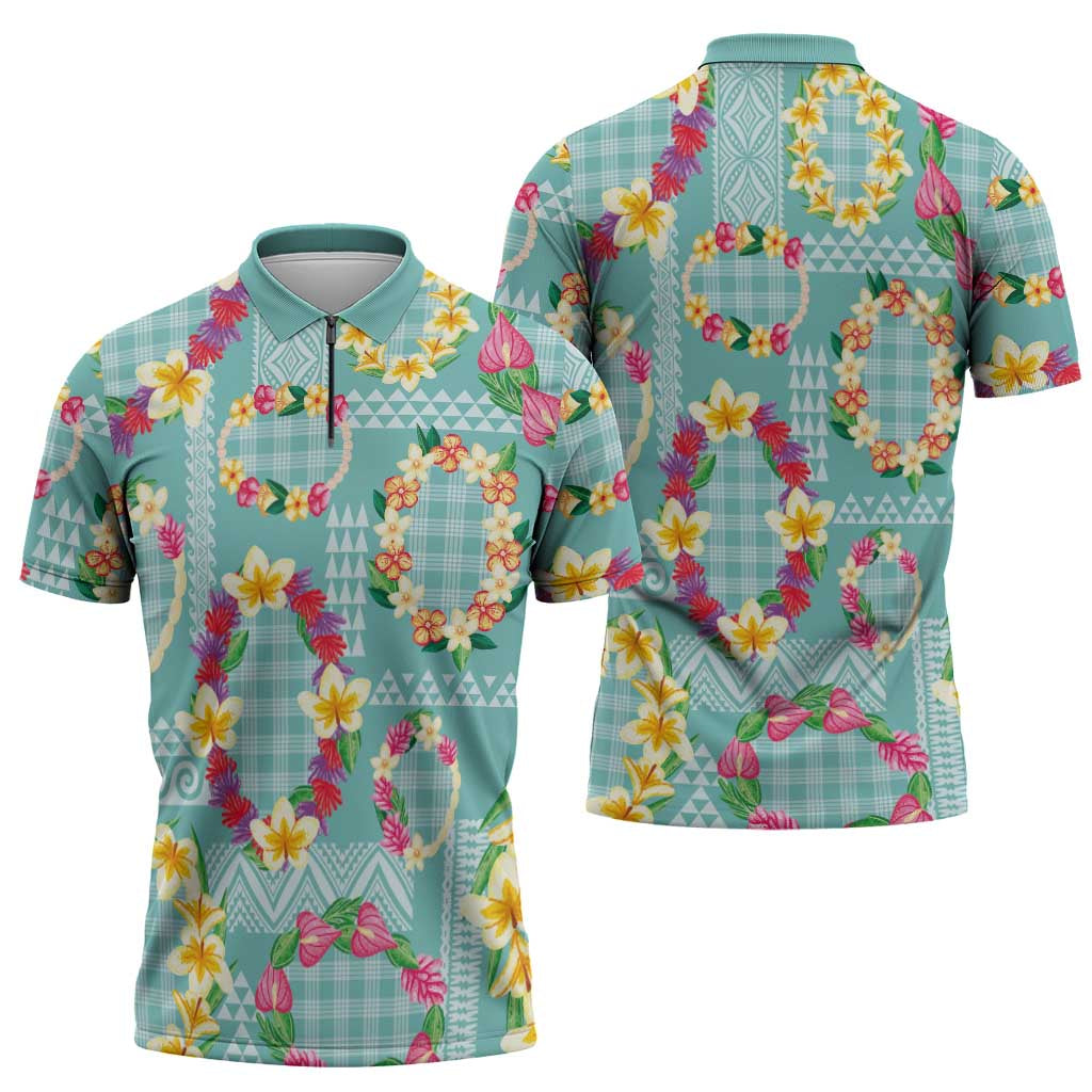 Hawaiian Leis Zipper Polo Shirt Kakau Tattoos and Palaka Pastel Teal Color LT03 - Polynesian Pride