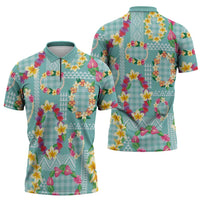 Hawaiian Leis Zipper Polo Shirt Kakau Tattoos and Palaka Pastel Teal Color LT03 - Polynesian Pride