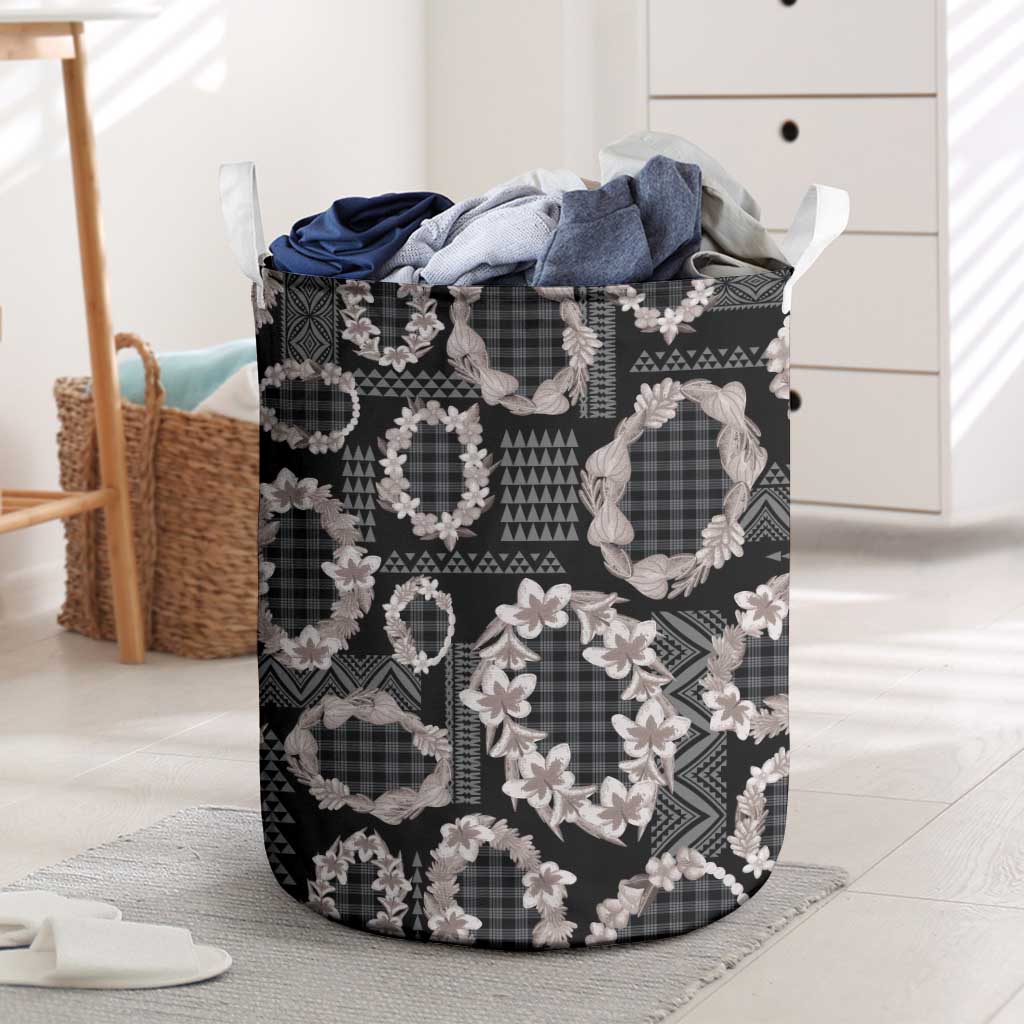 Hawaiian Leis Laundry Basket Kakau Tattoos and Palaka Pastel Grayscale LT03 Black - Polynesian Pride