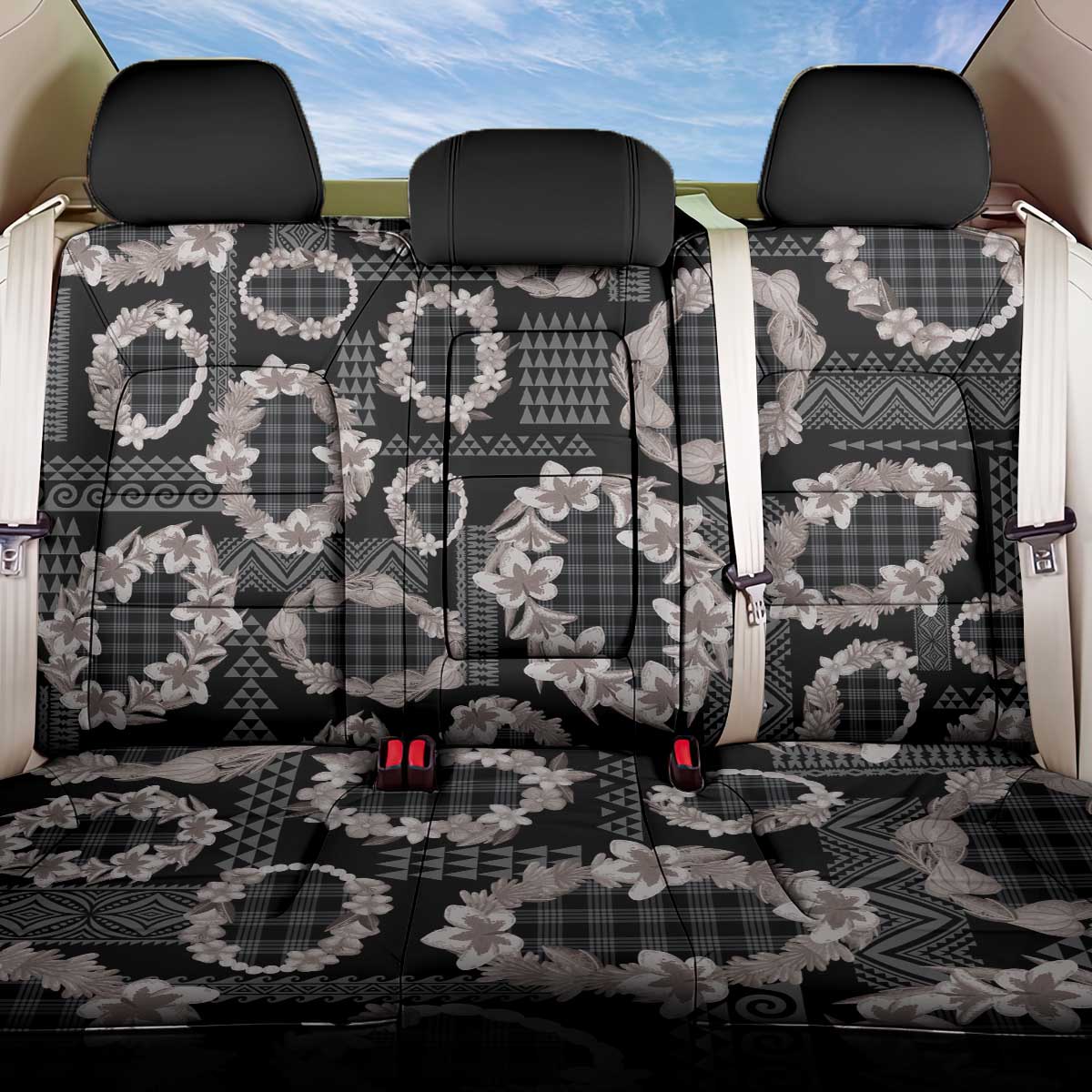 Hawaiian Leis Back Car Seat Cover Kakau Tattoos and Palaka Pastel Grayscale LT03 One Size Black - Polynesian Pride