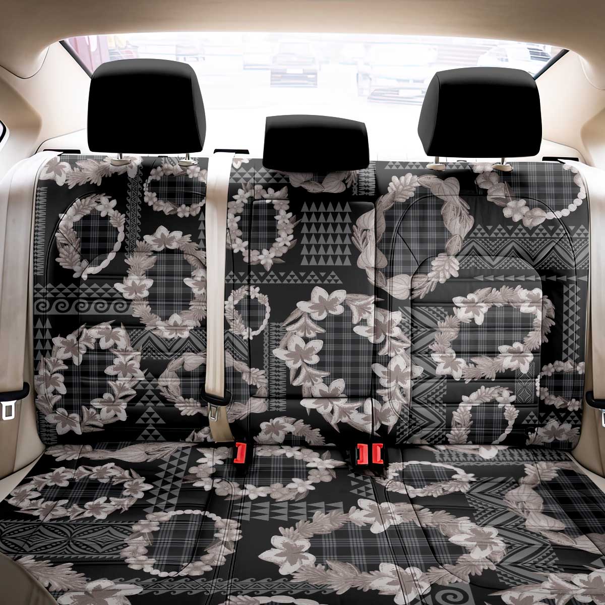 Hawaiian Leis Back Car Seat Cover Kakau Tattoos and Palaka Pastel Grayscale LT03 - Polynesian Pride