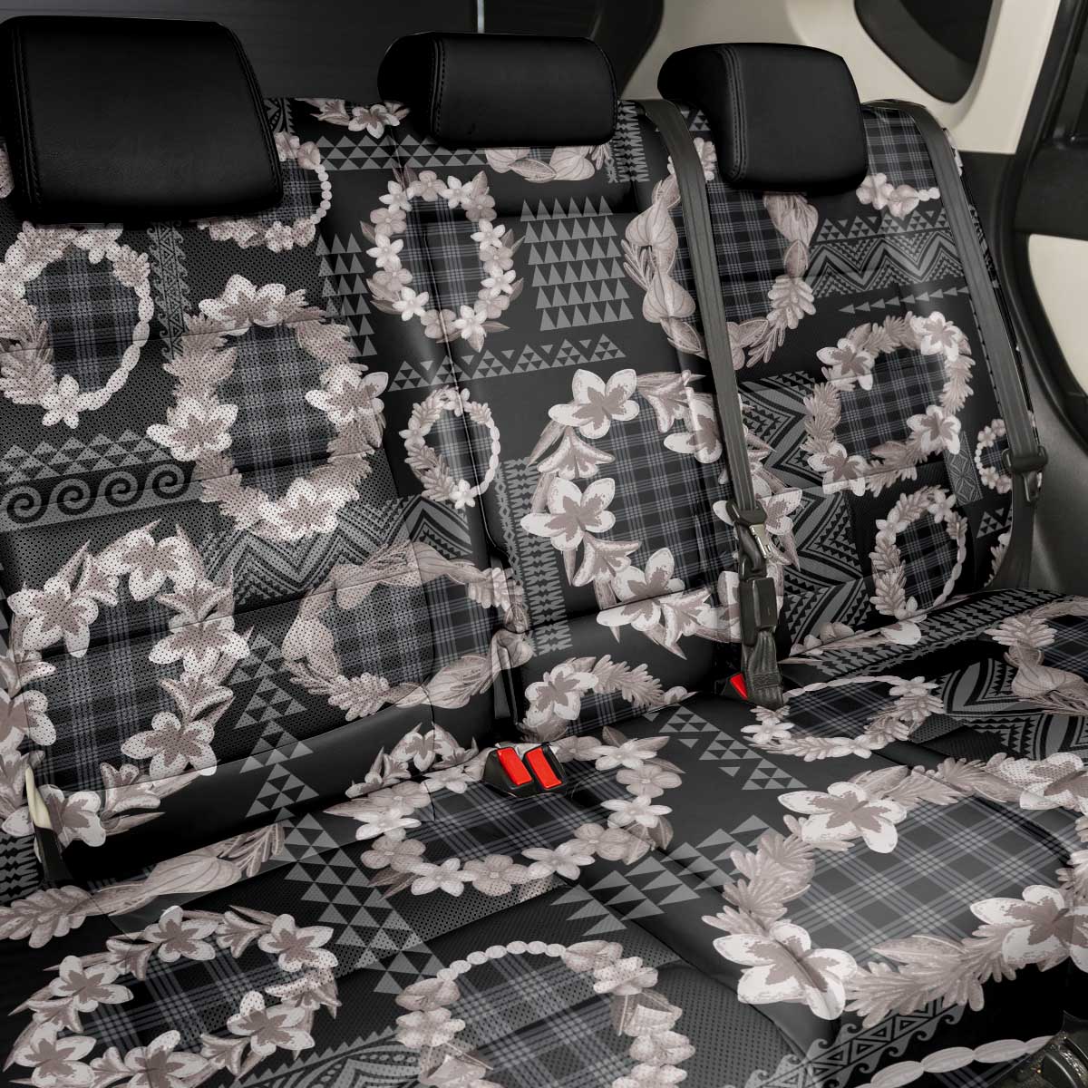 Hawaiian Leis Back Car Seat Cover Kakau Tattoos and Palaka Pastel Grayscale LT03 - Polynesian Pride