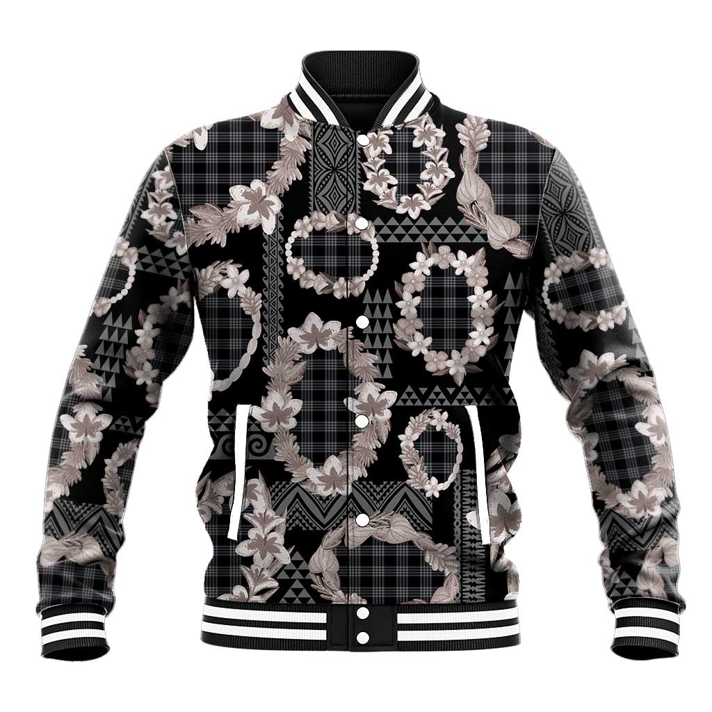 Hawaiian Leis Baseball Jacket Kakau Tattoos and Palaka Pastel Grayscale LT03 Unisex Black - Polynesian Pride
