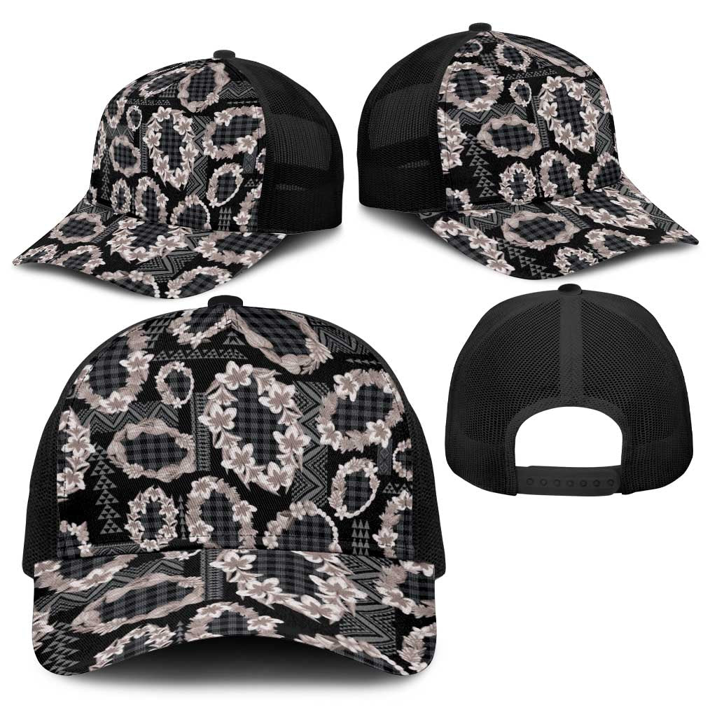 Hawaiian Leis Baseball Net Cap Kakau Tattoos and Palaka Pastel Grayscale LT03 - Polynesian Pride