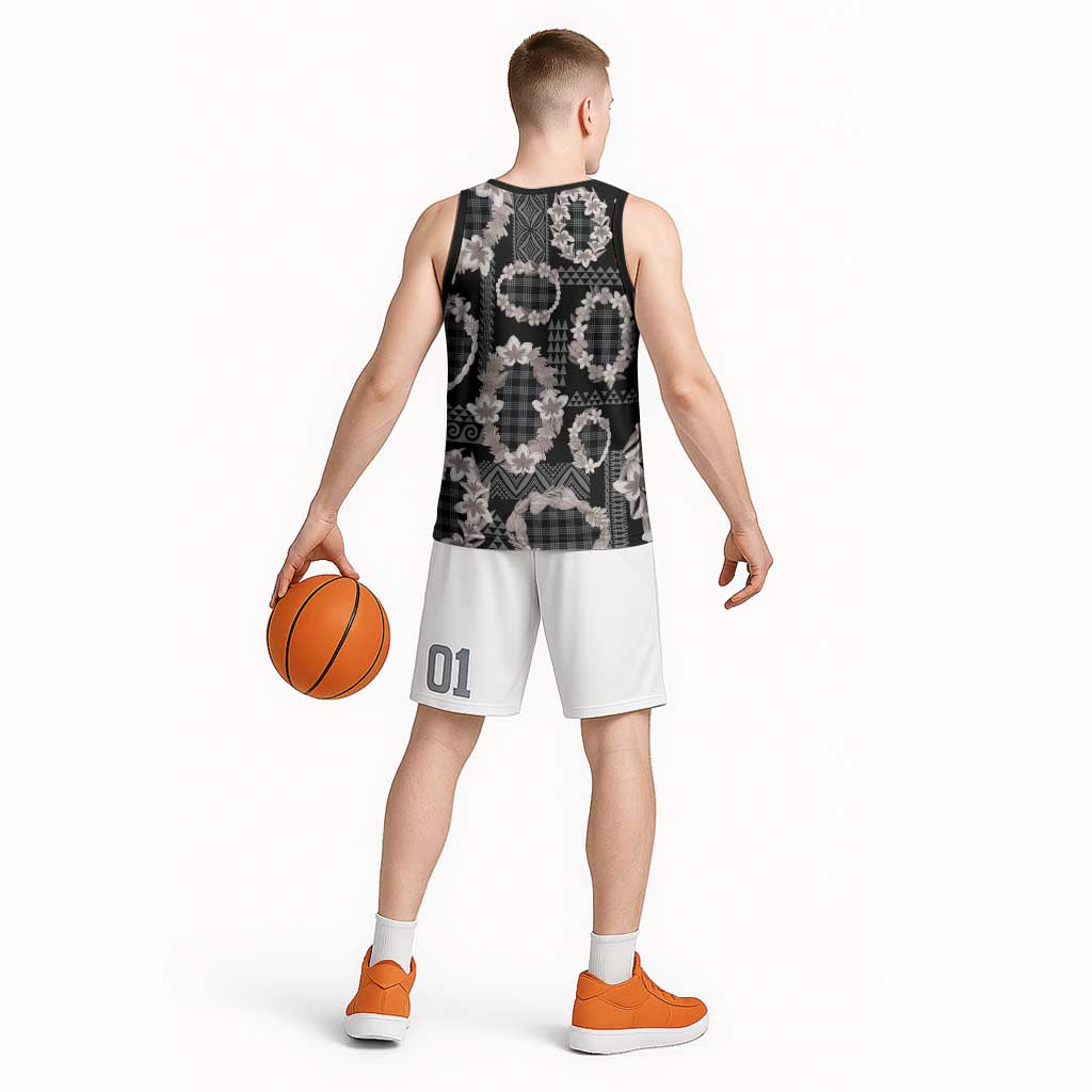 Hawaiian Leis Basketball Jersey Kakau Tattoos and Palaka Pastel Grayscale LT03 - Polynesian Pride