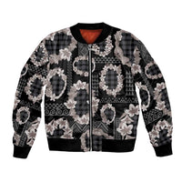 Hawaiian Leis Bomber Jacket Kakau Tattoos and Palaka Pastel Grayscale LT03 Unisex Black - Polynesian Pride