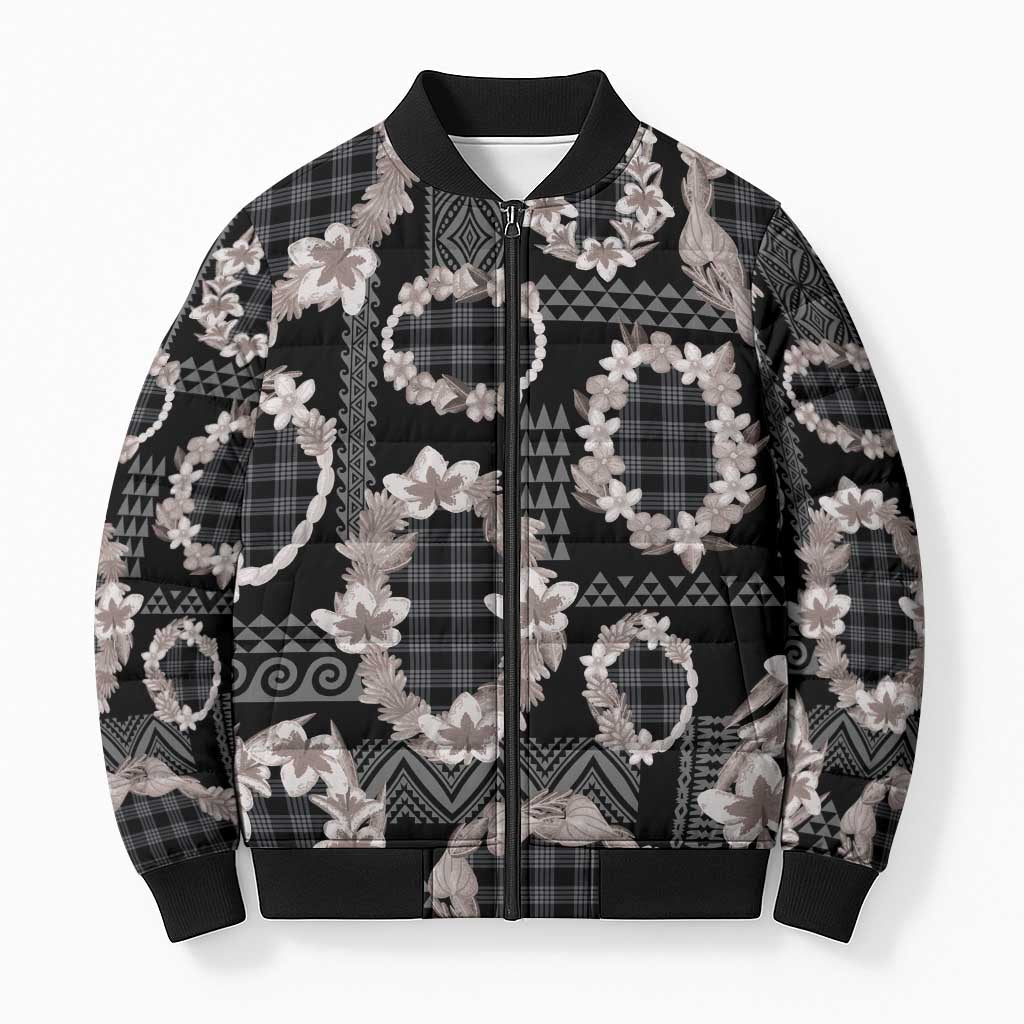 Hawaiian Leis Bomber Puffer Jacket Kakau Tattoos and Palaka Pastel Grayscale LT03 Unisex Black - Polynesian Pride
